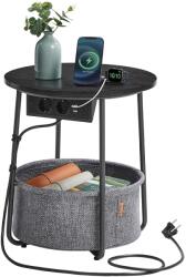 VASBÚTOR Kerek dohányzóasztal USB töltő porttal, kis asztal aljzattal, ébenfekete-palaszürke