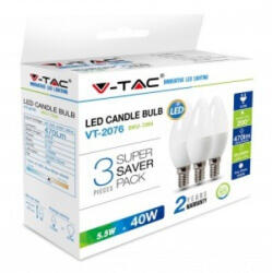 V-TAC LED lámpa , égő , gyertya , E14 foglalat , 4.5 Watt , meleg fehér , 3 darabos csomag (217263)