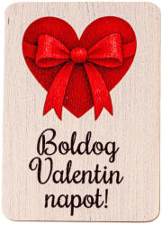 Valex Decor 4db. "Boldog Valentin napot" feliratos, piros masnis szívecske dekor fa tábla, 7 × 5 cm (GV04-68)