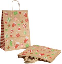  Sodrottfüles papírtáska, papírszatyor 26x35+12cm barna "karácsonyi díszek" mintá (SZID-02990)