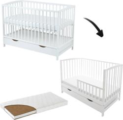 Kidizi Patut din lemn masiv cu sertar, capac si bariera 120x60 cm Kidizi Orella alb si saltea cocos LUX 120x60x12 cm, reglabil pe 3 nivele, certificat EN71 (4235+1637+120612LUX)