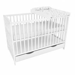 Kidizi Patut din lemn masiv cu sertar si capac 120x60 cm Kidizi Orella alb, masuta infasat din lemn si salteluta incluse, reglabil pe 3 nivele, certificat EN71 (4235+4228+4426)