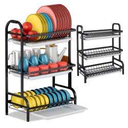 EBA Összecsukható edényszárító eBA® XXL, 3 szintes, fekete - kompakt tartó lefolyó tálcákkal, ideális konyhába (EBA-4810)