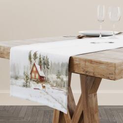 Lenjerii Deosebite Napron Craciun bumbac 100% 40x150cm cu cabana si peisaj de iarna, Glow Fata de masa