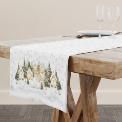 Lenjerii Deosebite Napron Craciun bumbac 100% 40x150cm cu brazi si casute, Snowy Fata de masa