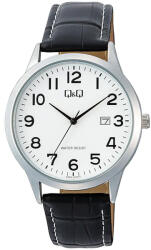 Q&Q férfi karóra, quartz, ezüst színű fémtok, fehér számlap, fekete színű bőrszíj A44A-004PY (4704-3)