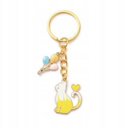  Kulcstartó, arany macska, lufikkal, fém, 2.5×2cm, 2.7×7.5cm (brelok)