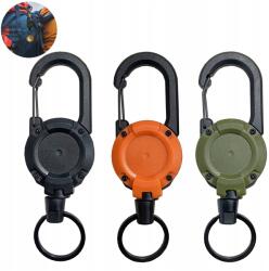  Retraktor kulcstartó, 3db, acél zsinór, karabiner, fekete (KOUSICOO137/136/135)