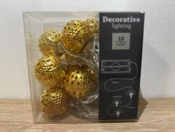  Karácsonyfadísz gömb füzér, arany színű fém gömbök LED világítással