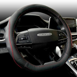 HD Fekete Bőr Kormányvédő "D" Típusú 38cm átm. , Piros Betéttel, KV-5209D/BR (5209BR) - autolife