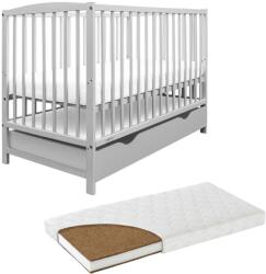 Kidizi Patut din lemn masiv cu sertar si capac 120x60 cm Kidizi Orella gri si saltea cocos LUX 120x60x9 cm, reglabil pe 3 nivele, certificat EN71 (5249+120609LUX)