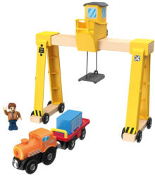 PlayTive Rakodódaru, 5 részes teherdaru készlet vonattla, utánfutóval és konténerrel fa vonat és autópálya szettekhez (PlayTive_daru)