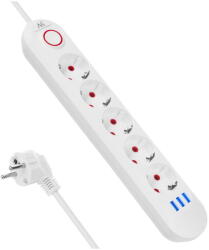 Maclean Prelungitor 5 prize + 3xUSB, 110-240V AC 50/60Hz, 2.1A max 2500W, 1.5m, alb, MCE395 W (MCE395) - pcone