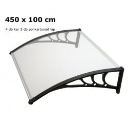 Silver Wing Extra hosszú előtető 450x100 cm fekete keret bronz polikarbonát féltető B típusú karral például bejárati ajtó vagy ablakok fölé. Két tartókat között 1 darabból áll a tetőlap