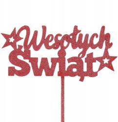 Trend-Deco Piros csillámos Boldog karácsonyt topper, fa, 33cm, karácsonyi ajándék (#12967)