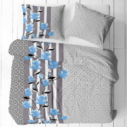  3 részes pamut ágynemű huzat szett - 140x200 cm / szürke mandala - kék magnólia mintás