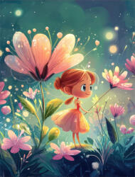 Takoy PANEL Wellsoft polár/fleece gyerek takaró varrásához 145x110 vöröshajú lány egy nagy virág alatt