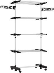 Homcom összecsukható ruhaszárító rozsdamentes acélból és műanyagból, helytakarékos függőlegesen kihúzható toronyszárító állvány 6 kerékkel, kampóval és 4 állítható polccal beltérre, 142x55x172 cm, fekete ezü Ruhaszárító
