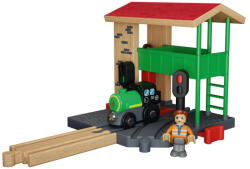 lupilu / PlayTive Signal Buliding, Bakterház mechanikus váltóval, mozdonnyal, bakterral, dupla szemaforral és harangtoronnyal fa vonat szettekhez (lpl_baketerhaz)