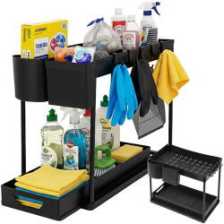  SMARTECH Raft organizator pentru sub chiuveta, 2 niveluri, extensibil, 5 cârlige, negru, 40x21.5x37.5cm Raft