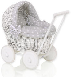  Fehér fonott babakocsi babáknak szürke ágyneművel és puha béléssel