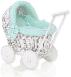  Fehér fonott babakocsi menta színű ágyneművel és puha béléssel - pepita - 40 097 Ft