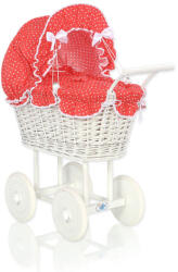  Magas fonott babakocsi piros ágyneművel és béléssel - fehér