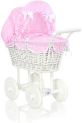  Magas, fonott babakocsi rózsaszín ágyneművel és béléssel - fehér - pepita - 37 481 Ft