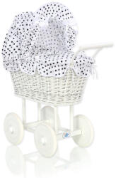  Magas, fonott babakocsi fekete-fehér ágyneművel és béléssel - fehér