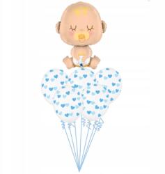  Kisfiú léggömb csokor, 1 baba fólia lufi, 6 latex lufi, súlyok, 30cm, héliummal