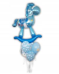  Lufi csokor, hintaló, kék, 7db, fólia és latex lufik, súlyok