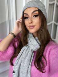  Kasmír Szett, világos szürke, sapka, sál, 50% kasmír, 50% gyapjú