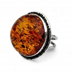  Gyűrű, állítható, ezüst, konyak borostyán, 925-ös ezüst