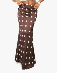 Boohoo Barna Szatén Maxi Szoknya, Size 34, fehér pöttyös
