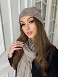  Kasmír Szett, sötét bézs, sapka és sál, 50% kasmír, 50% gyapjú