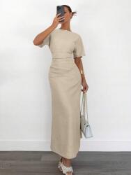 Shein EC14210 Shein Bézs Maxi Ruha Rövid Ujjal, Ráncolással (46) Xs