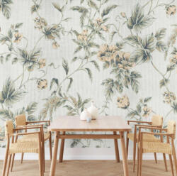  Őszibarack színű virágmintás fotótapéta zöld levelekkel