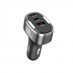 XO CC61 Autós Töltő 100W PD QC 3.0 - 1db USB-C + 1db USB-A + 1db Lightning foglalattal szürke