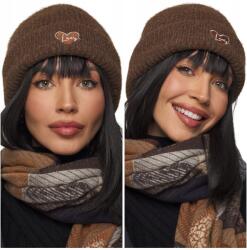 DEMUR Női sapka, beanie, téli, meleg, kötött, csokoládé barna, szív (czapki damskie ciepłe zimowe na zimę)