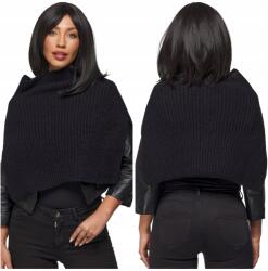 DEMUR Női Poncsó, garbóval, fekete, bordázott, meleg kötött, univerzális méret (poncza etole bolerka swetry damskie)
