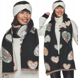 DEMUR Női sál, téli, kétoldalas, szív mintás, fekete