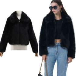 DEMUR Női Téli Kabát, rövid szőrme, zsebes, fekete