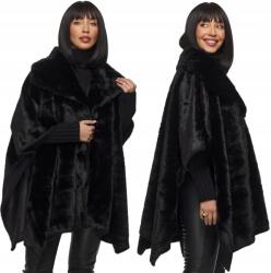 DEMUR Poncsó, női téli kabát, szőrme, oversize, fekete (ciepłe poncza płaszcze damskie na zimę zimowe)
