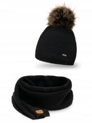 PaMaMi női téli szett, fekete sapka és sál, Lengyel, akril (komplet damski Pamami 19568+20661)