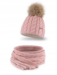 PaMaMi Női téli szett, púderrózsaszín sál és sapka, lengyel, elegáns (komplet damski Pamami 15568+2111125)