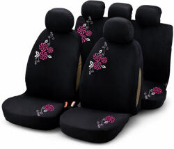 HD Racing Autós Üléshuzat Garnitúra 9 db - Fekete Szövet, Rózsaszín-Fehér Virág Hímzéssel (HD6938P)