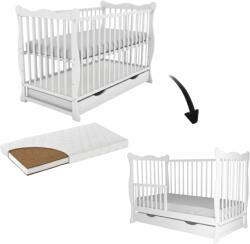 Kidizi Patut din lemn masiv cu sertar, capac, bariera 120x60 cm Kidizi Isla alb si saltea cocos LUX 120x60x9 cm, reglabil pe 3 nivele, certificat EN71 (3471+1637+120609LUX)