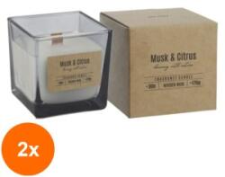 BISPOL Set 2 x Lumanare Parfumata in Pahar Fumuriu cu Fitil de Lemn, Bispol, Musk- Citrus (GIL-2xLCA-SNK80-070-328)
