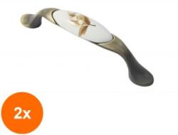 Ideal Feroluc Set 2 x Maner Ceramica Model W0520/701A, 96 mm, Finisaj Antic Auriu/Floare Crem (EDI-2xIFR-10339)