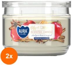 AURA Set 2 x Lumanare Parfumata cu Doua Fitile si Capac, Mar si Scortisoara, 30 Ore, Alb, 280 g (GIL-2xLCA-SNP106-87)